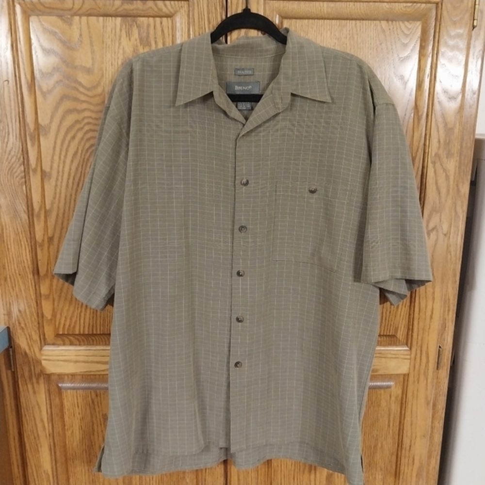 Bruno Vintage Men's‎ Sueded Grid Check Shirt Size Large Sage Green Rayon Blend